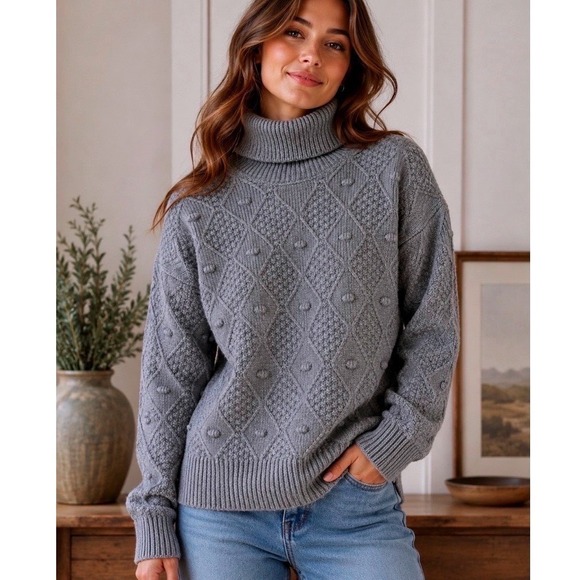 Time and Tru Sweaters - Time and Tru Gray Diamond Cable Knit Bobble Turtleneck Sweater Women's Lg 12-14